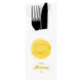 Cutlery Bags White "Good Morning" 200 x 85mm Including 2-Layer White Napkin 330 x 330mm -Horecavoordeel.com-
